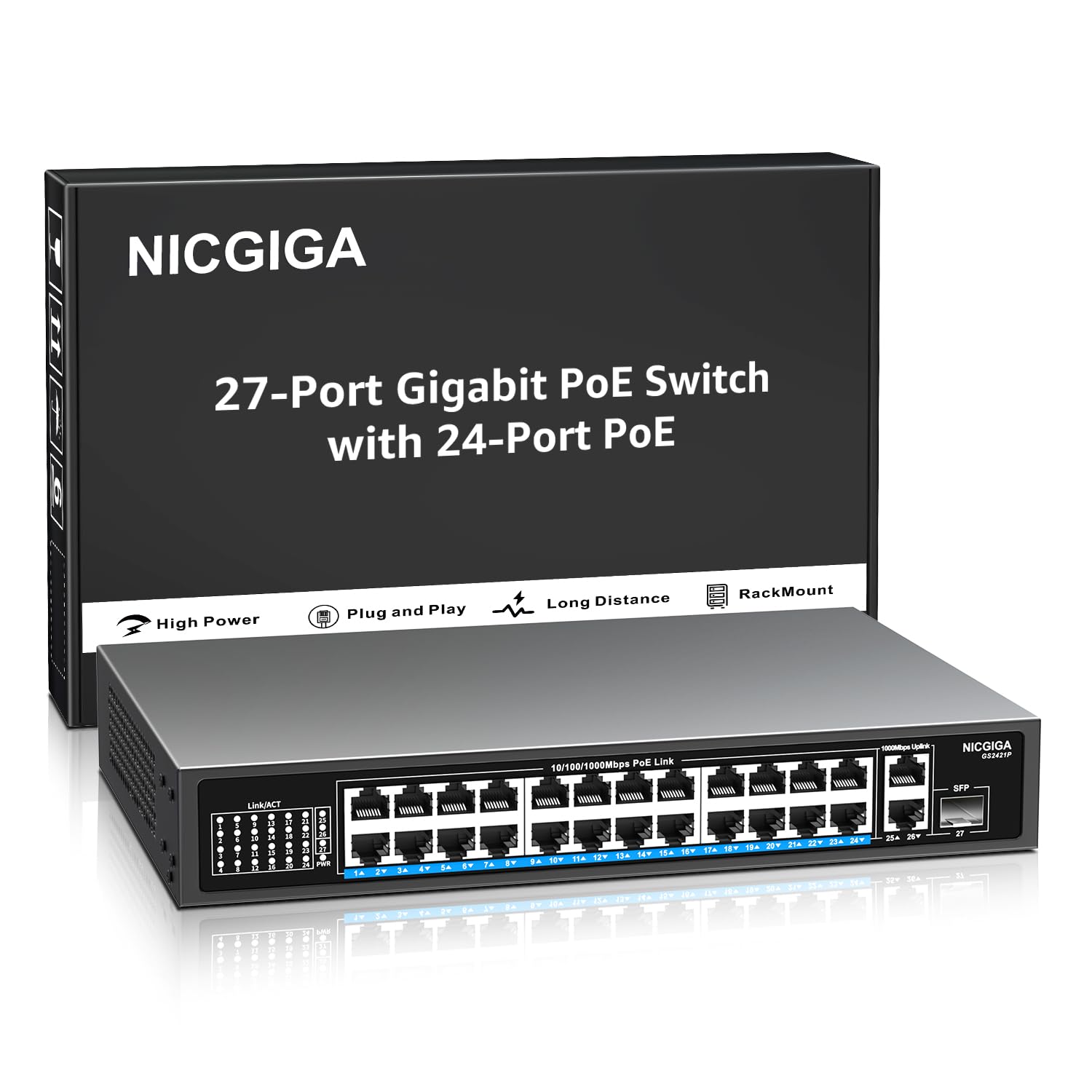 NICGIGA 24-Port Gigabit PoE Switch for Desk/Rack Use, Professional Unmanaged Power Over Ethernet, 24 PoE+ Ports @ 300W, 