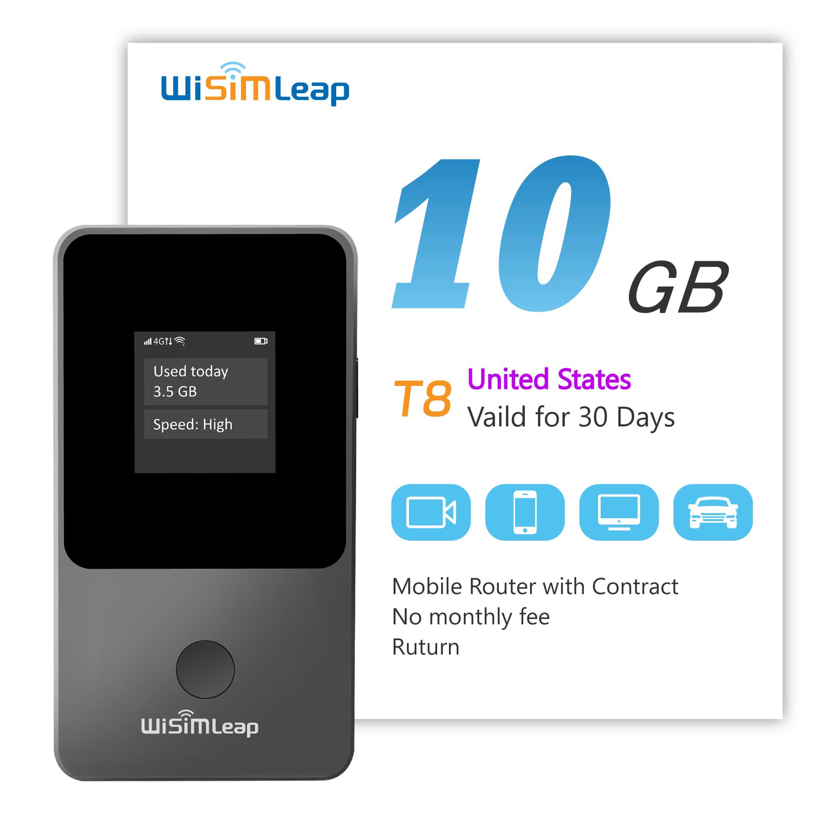 Global Travel 4G Mobile Hotspot Device for US Travelers No Roaming Fee Built-in SIM Card 150 Countries WiFi Hotspot 10GB
